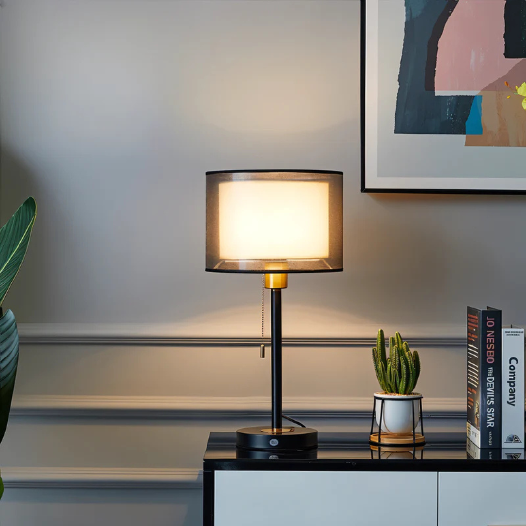 NARA - Vintage Tafellamp met Dubbele Stoffen Kap - Warm Wit Licht voor Sfeervolle Verlichting in Woonkamer of Slaapkamer 2