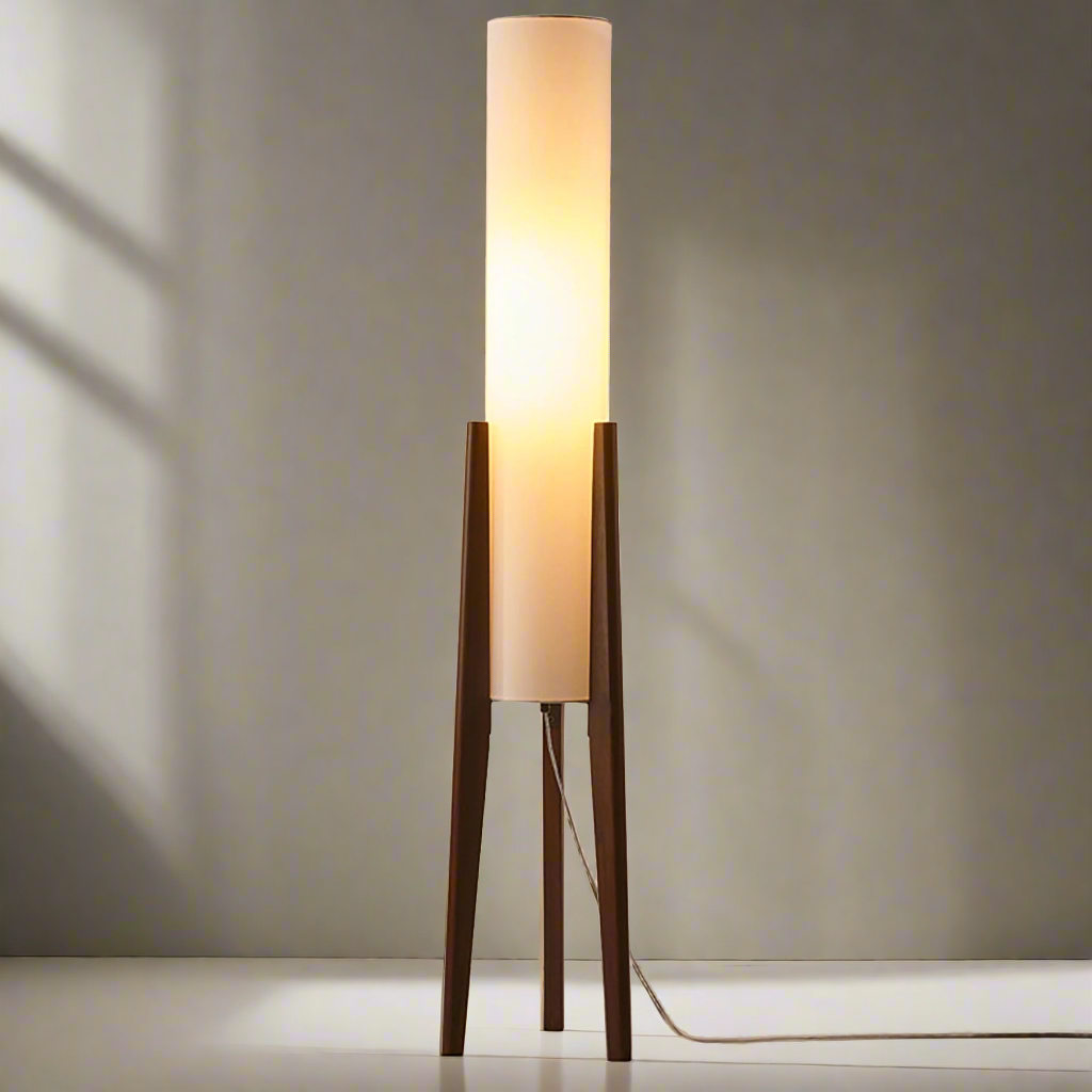 Walnoot Vloerlamp met Amberkleurige Kap – Elegant en Tijdloos Design