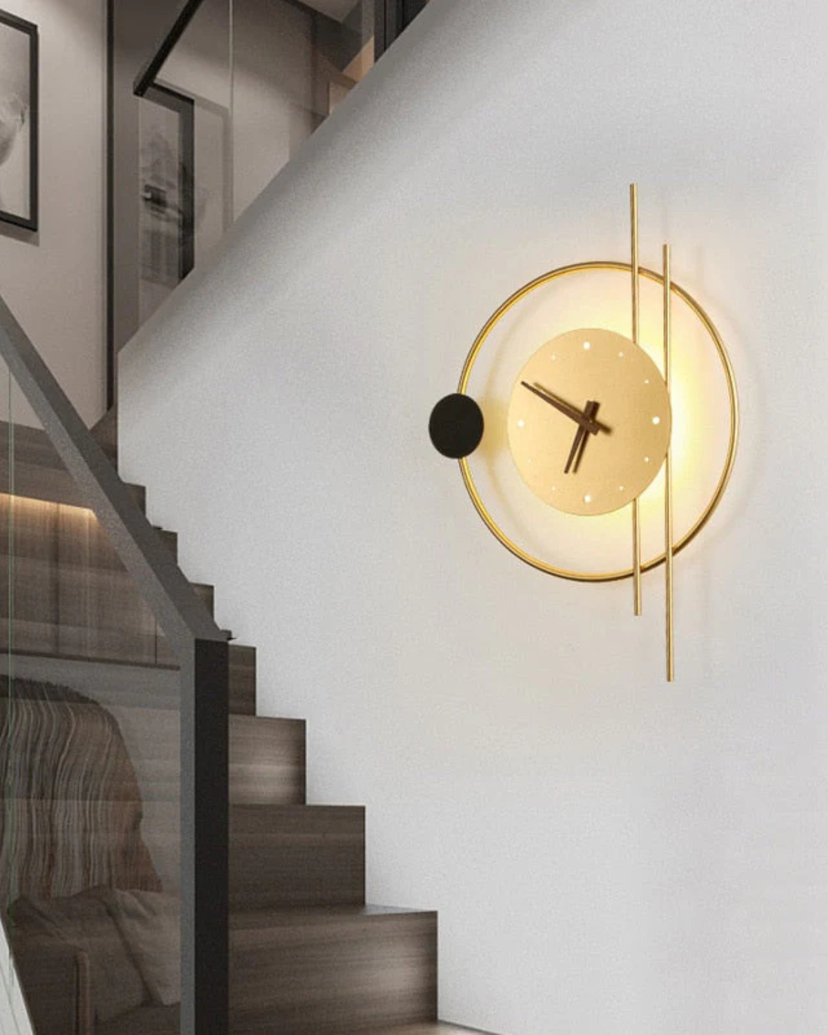 Éclipse Wandklok en Sfeerlamp – Minimalistisch Design in Goud of Zwart
