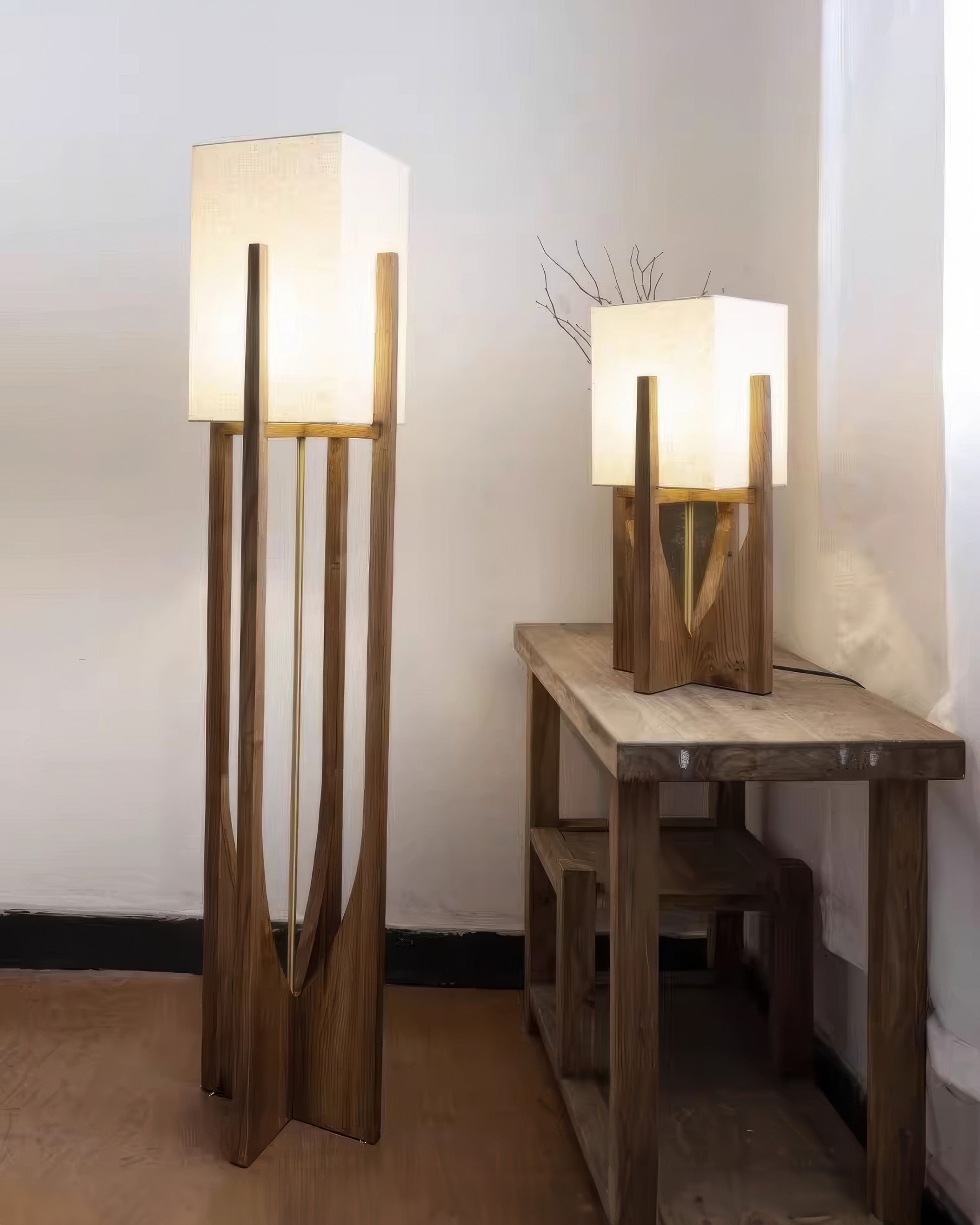 Minimalistische Vloerlamp van Walnoothout met Driekleurige Verlichting – Japanse Stijl Staande Lamp voor Modern Interieur