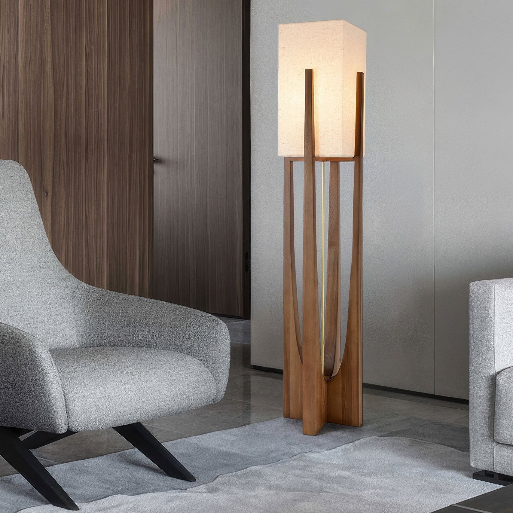 Minimalistische Vloerlamp van Walnoothout met Driekleurige Verlichting – Japanse Stijl Staande Lamp voor Modern Interieur