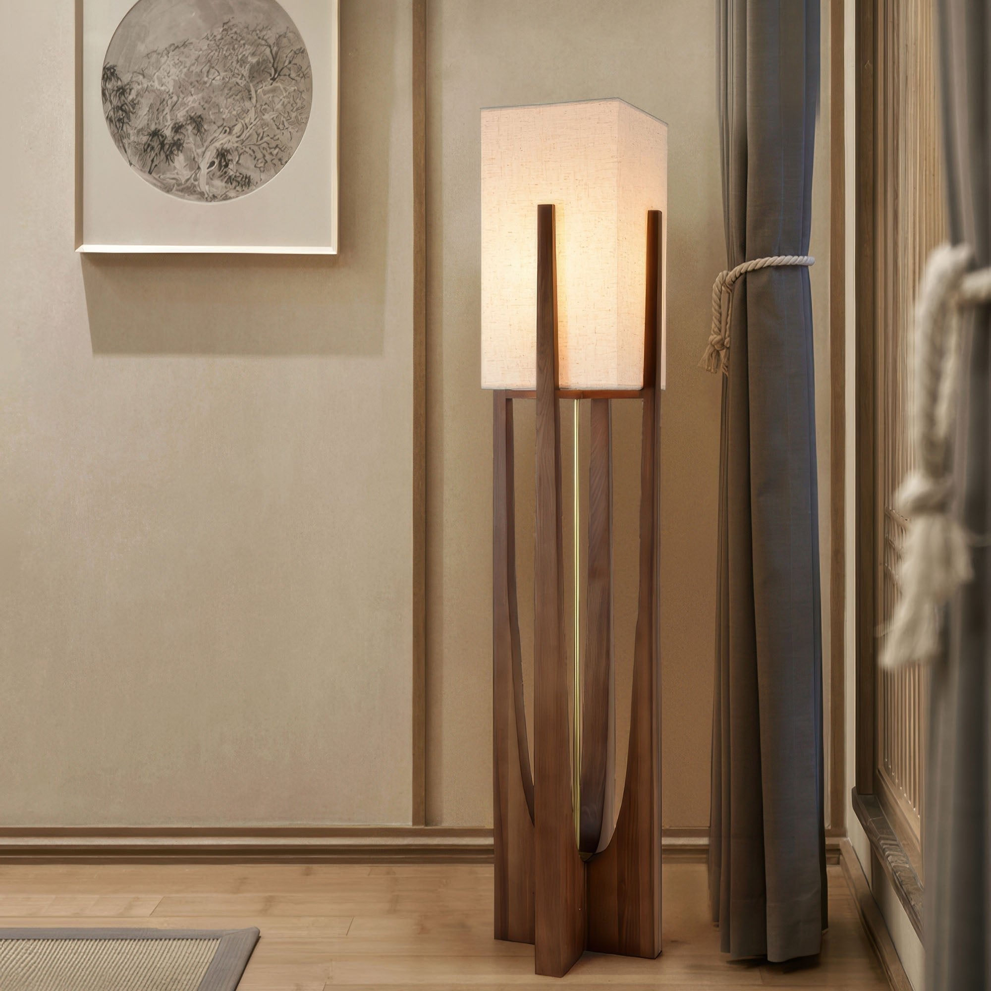 Minimalistische Vloerlamp van Walnoothout met Driekleurige Verlichting – Japanse Stijl Staande Lamp voor Modern Interieur